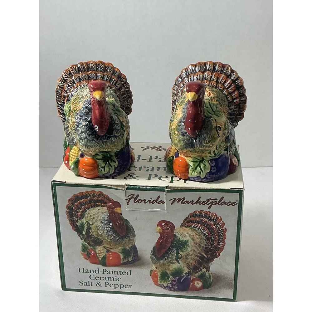 Florida Marketplace Turkey Salt and Pepper Shakers Hand Painted Ceramic Harvest